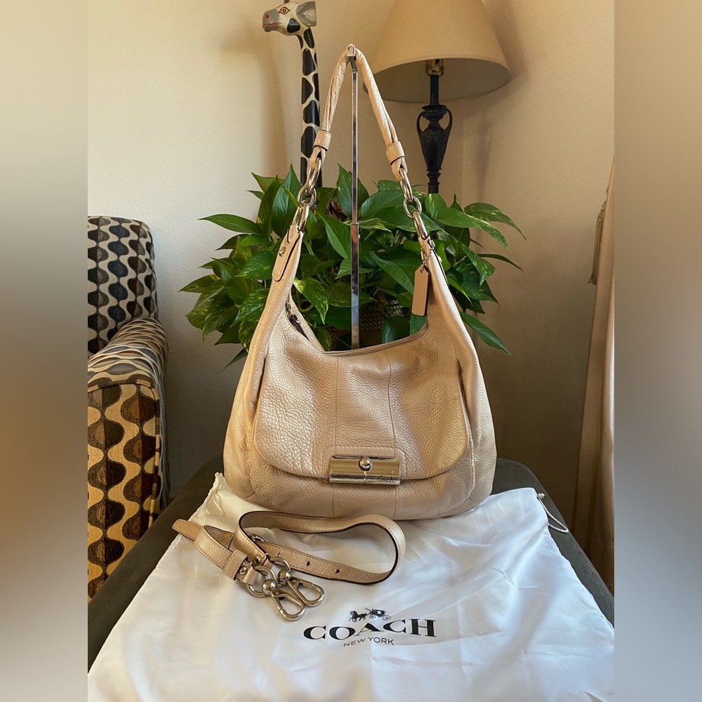 Coach Kristin Champagne Cream Pebble Soft Leather Hobo, Large, Dust Bag, Strap
